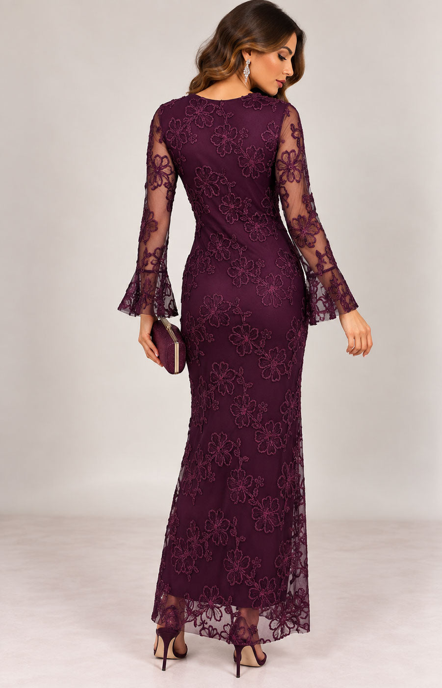 Vestido largo elegante de encaje bordado para ceremonia con drapeado en 3 colores