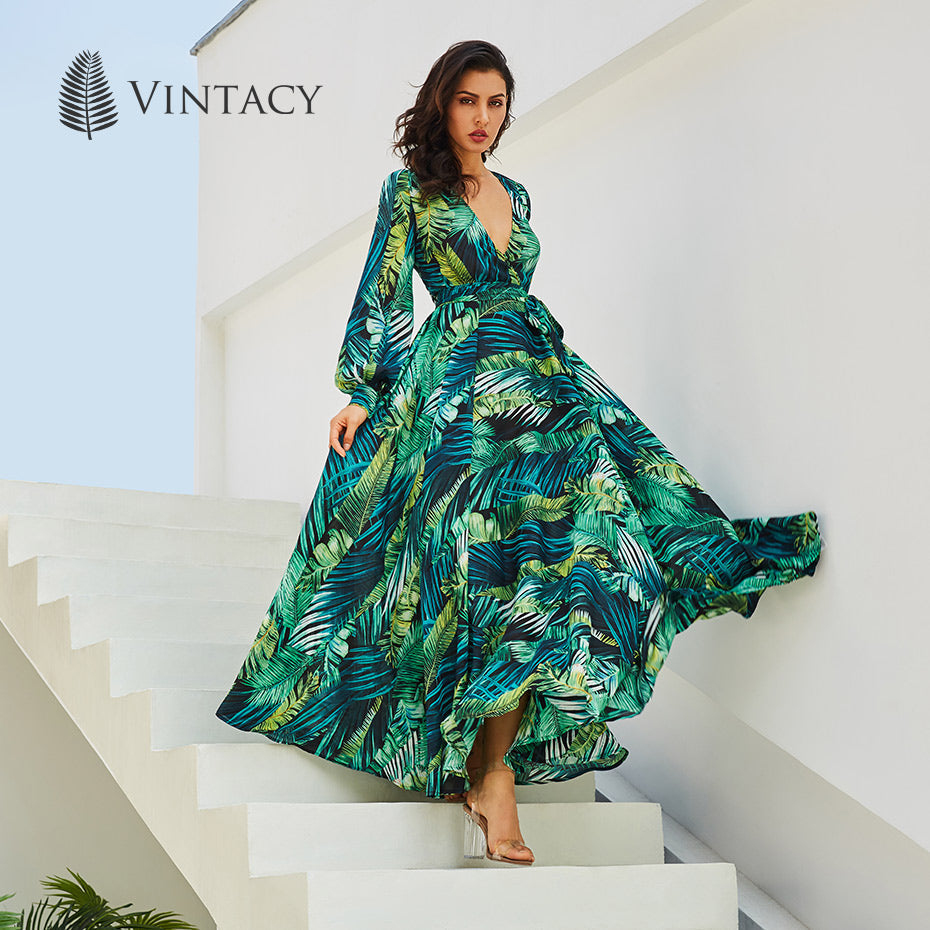 Vestido Largo Verde Estampado Tropical – Escote V con Cinturón
