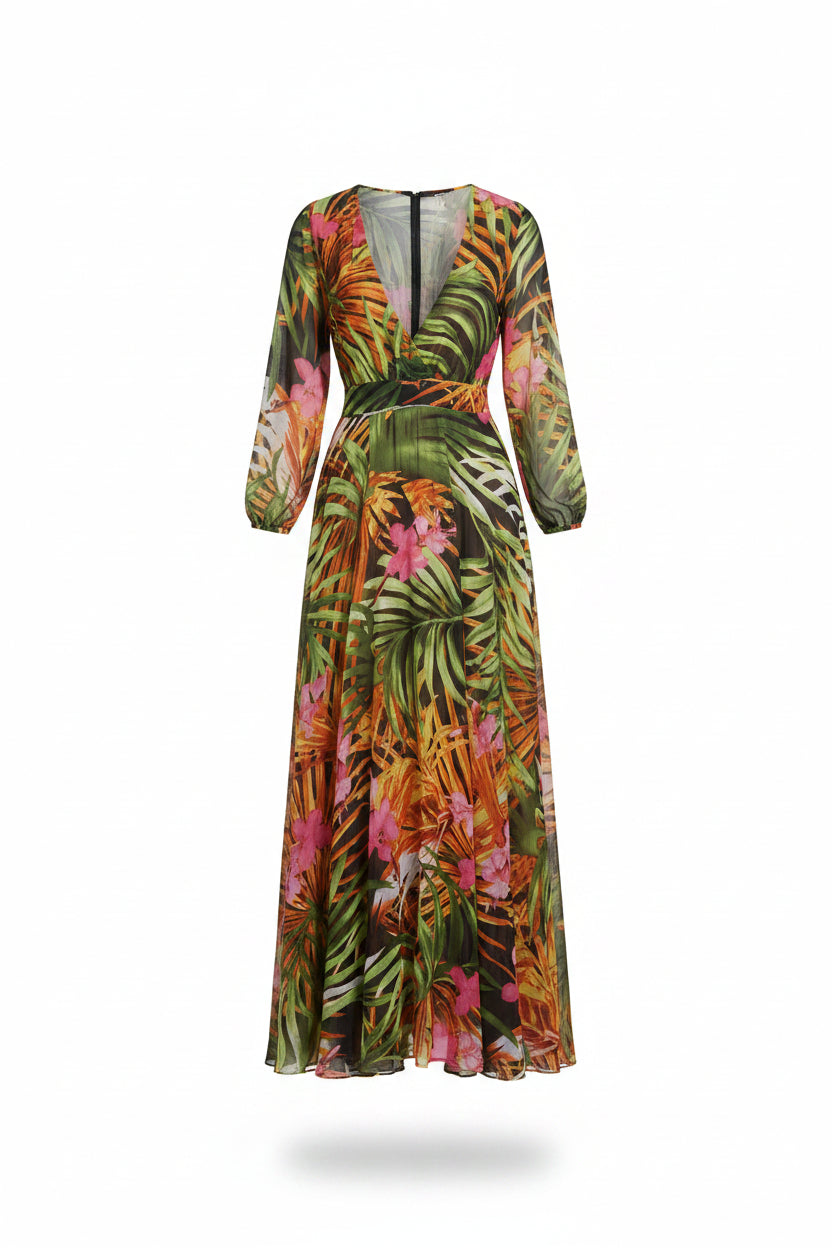 Vestido Largo Verde Estampado Tropical