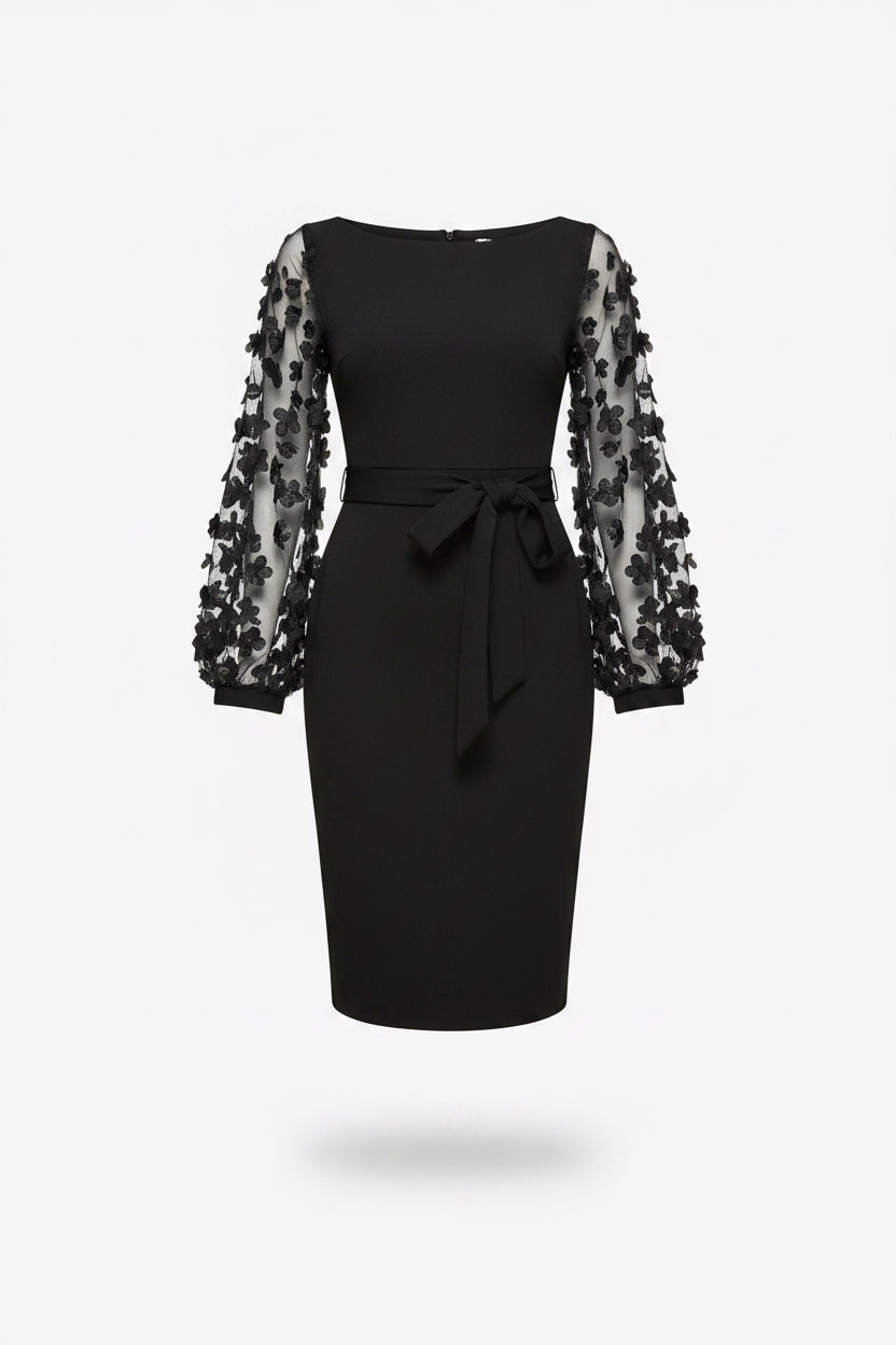 Vestido Negro Ajustado con Manga de Malla