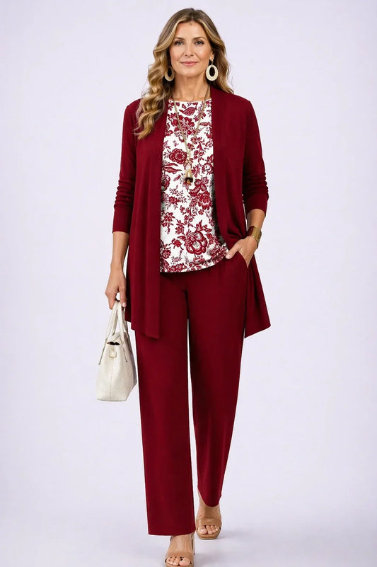 AGATA | Conjunto de 3 Piezas Burdeos con Jersey Floral
