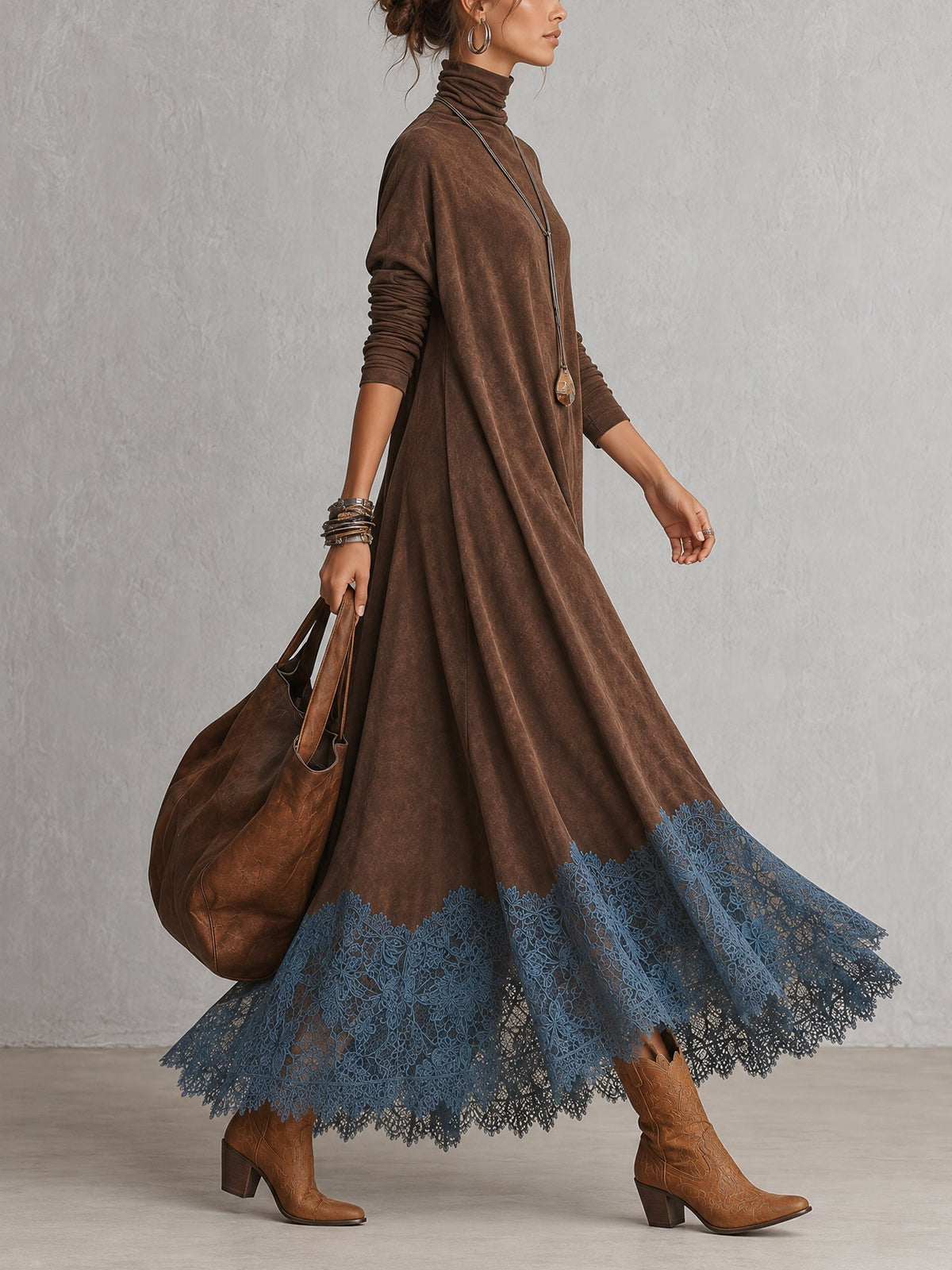 BRUNA | Vestido Largo Efecto Ante con Bajo de Encaje