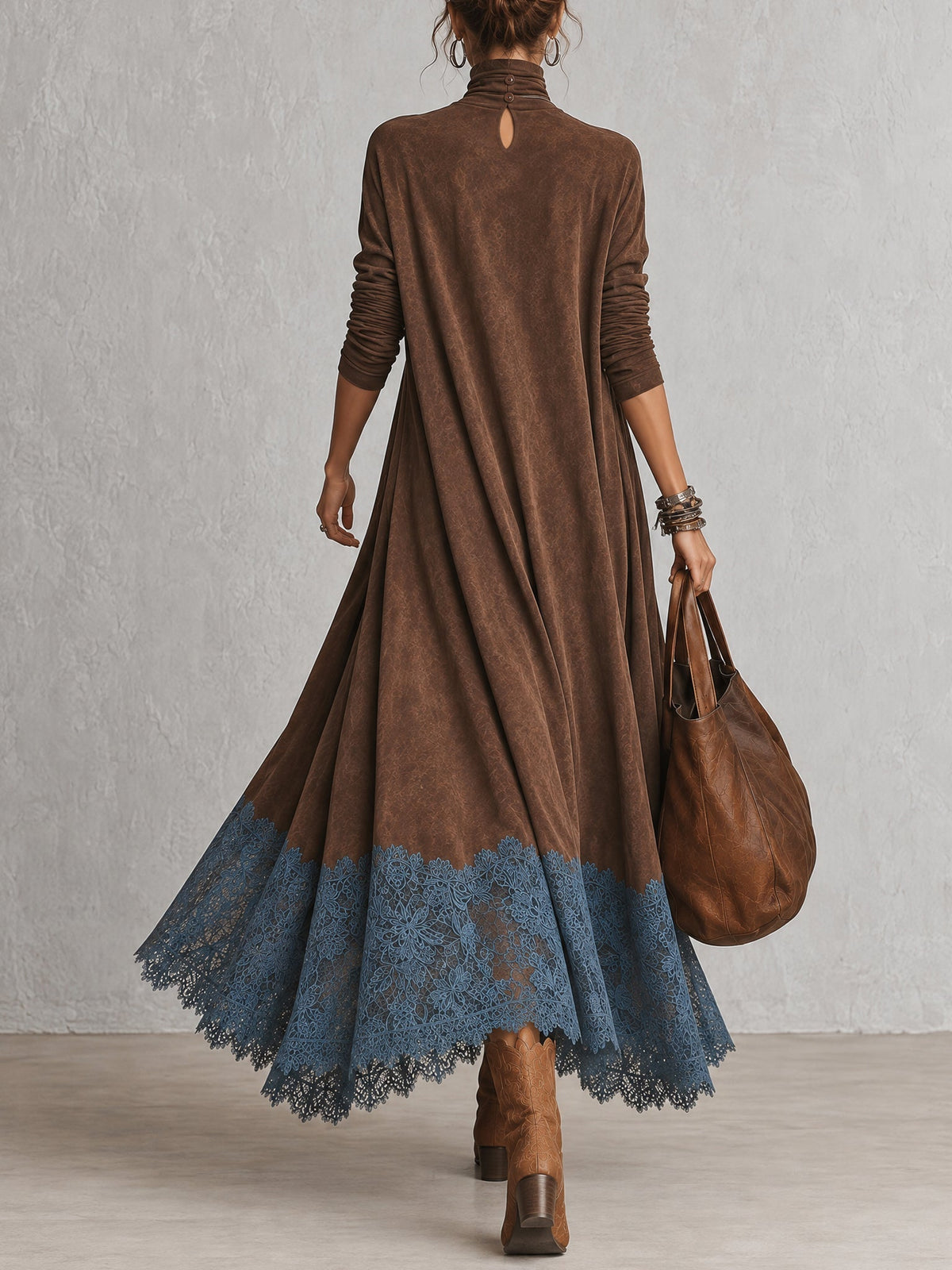 BRUNA | Vestido Largo Efecto Ante con Bajo de Encaje