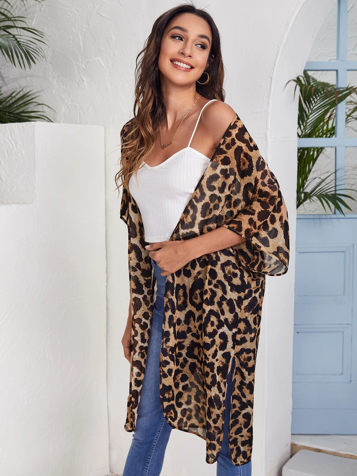 Kimono de Gasa con Estampado de Leopardo