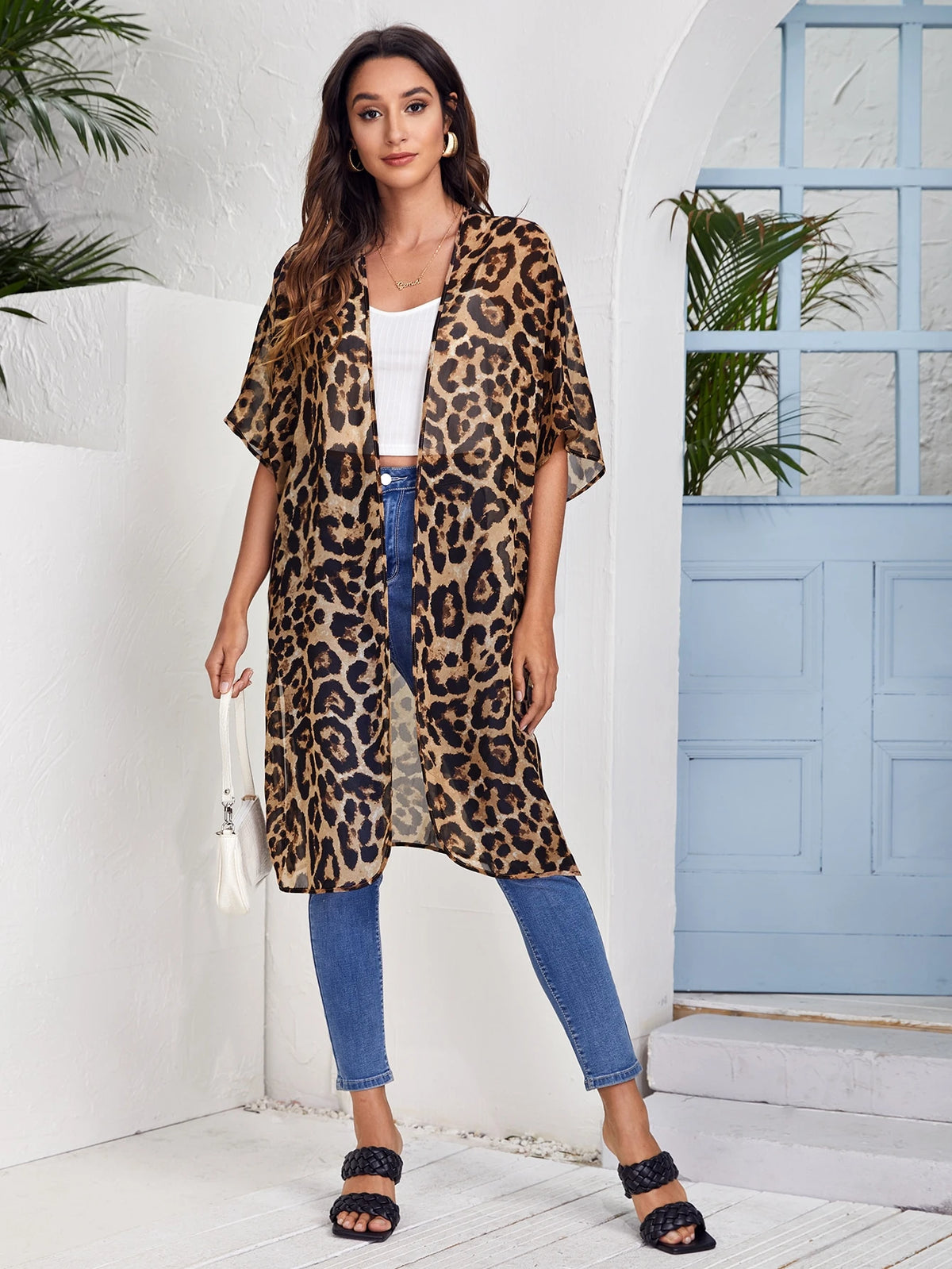 Kimono de Gasa con Estampado de Leopardo