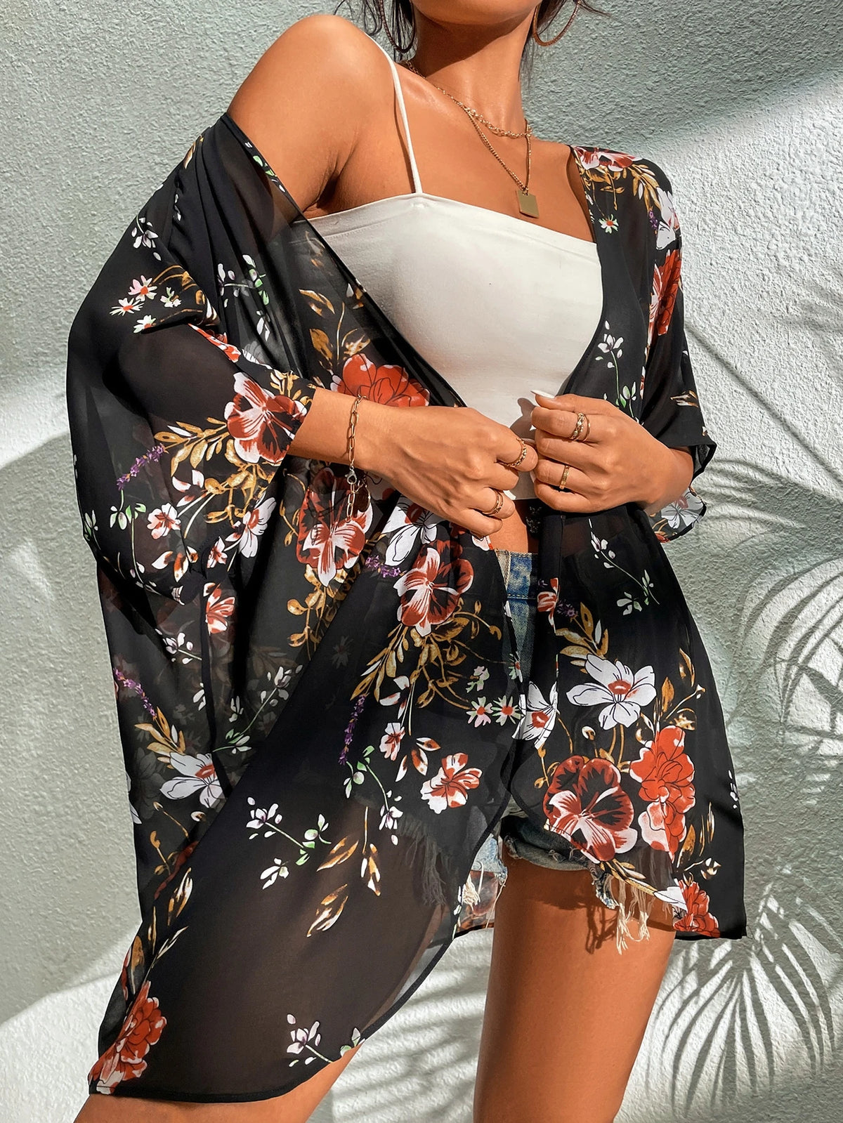Kimono de Gasa con Estampado Floral