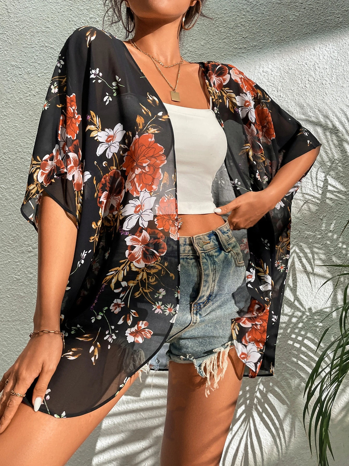 Kimono de Gasa con Estampado Floral