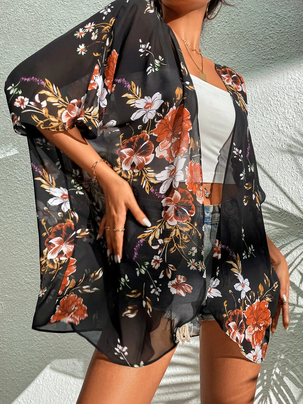 Kimono de Gasa con Estampado Floral