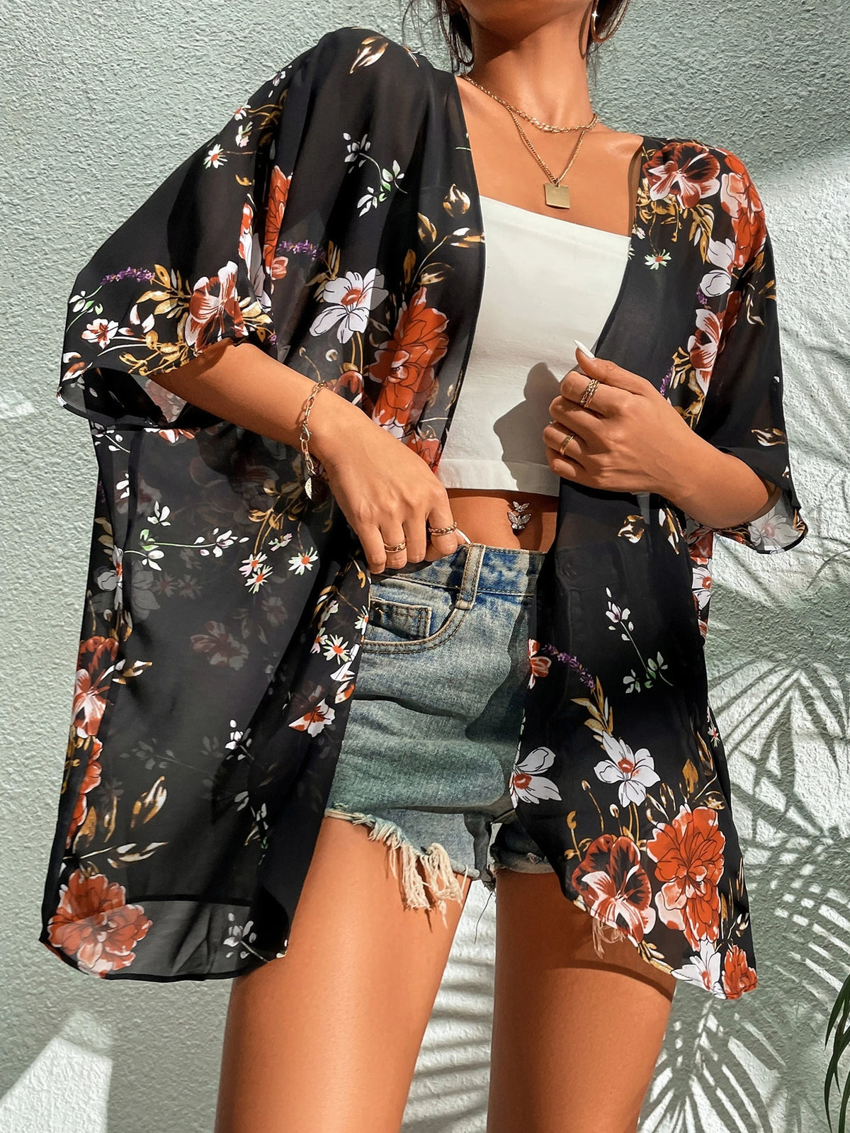 Kimono de Gasa con Estampado Floral
