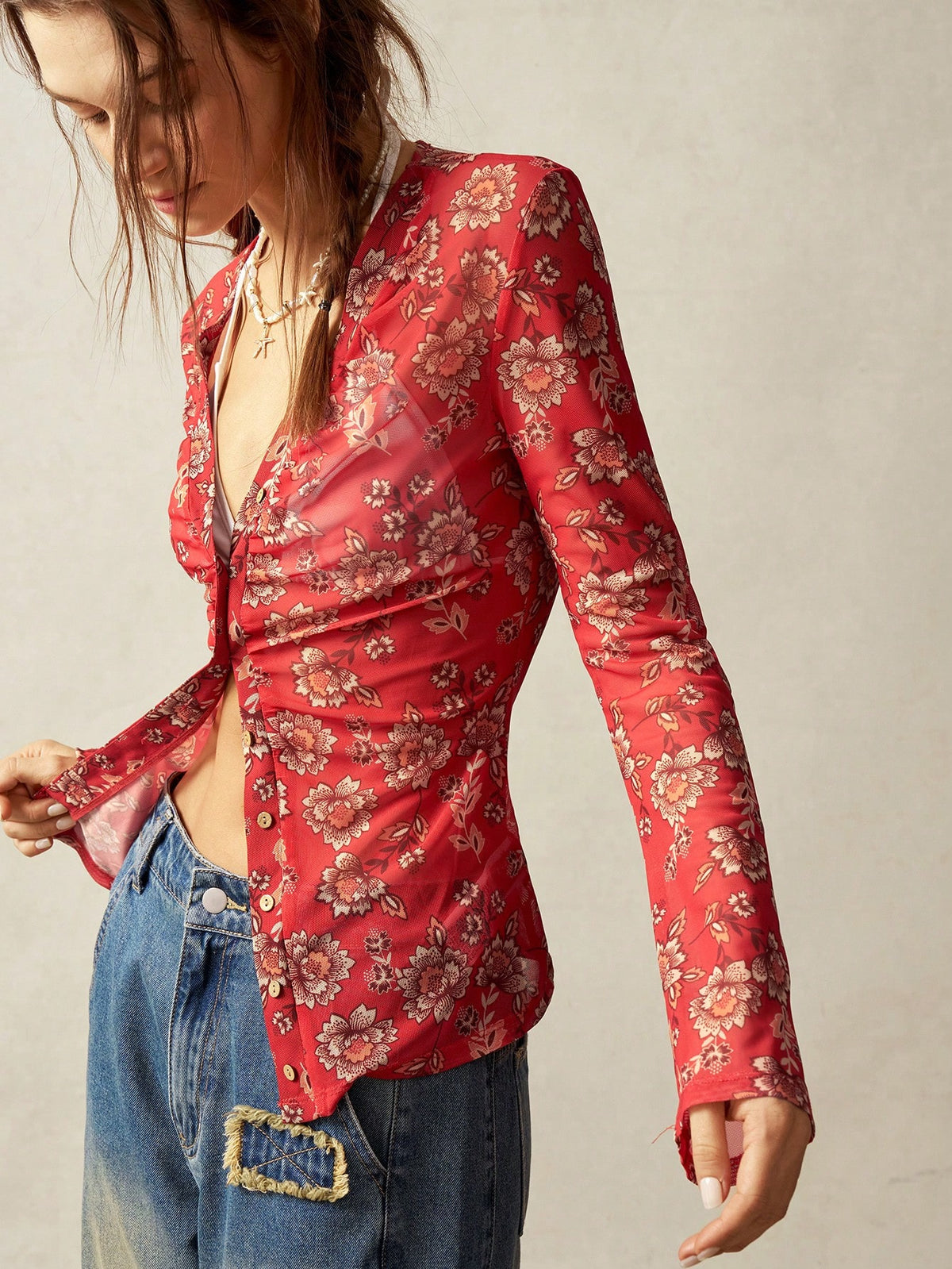 Top de Punto Floral Boho con Encaje