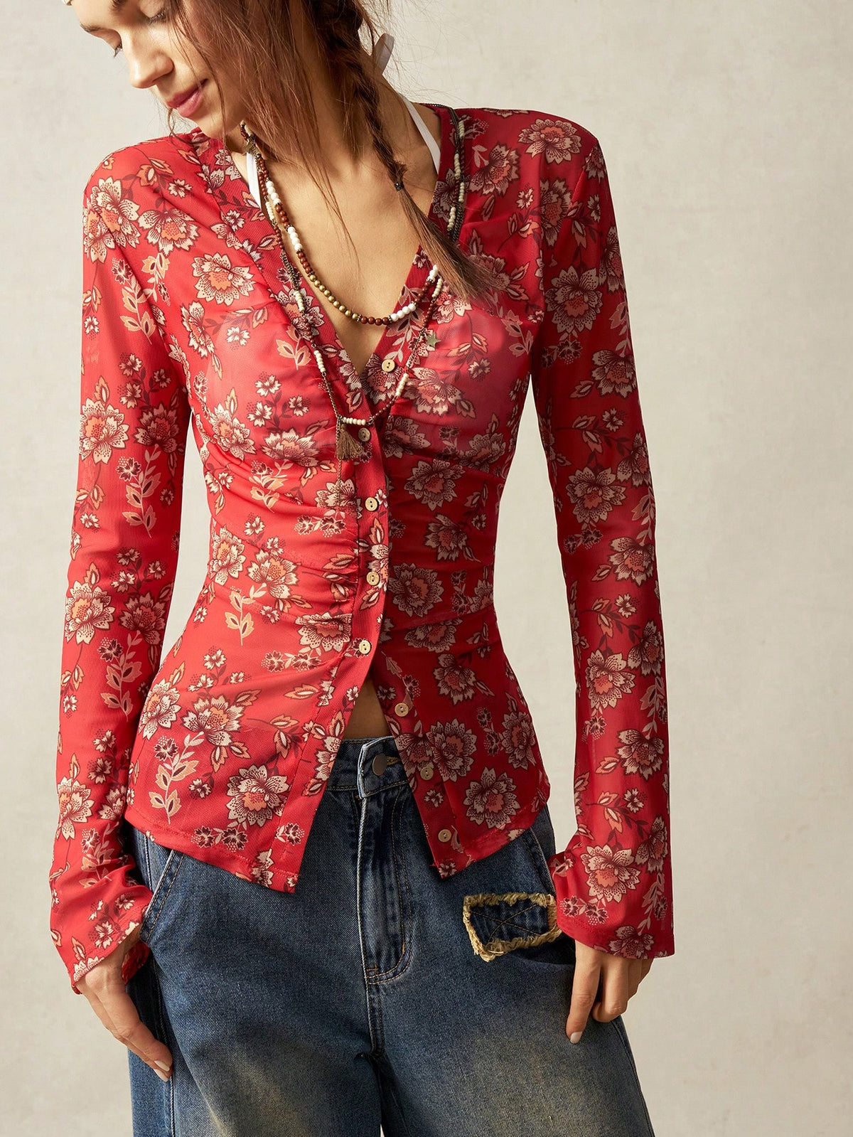 Top de Punto Floral Boho con Encaje
