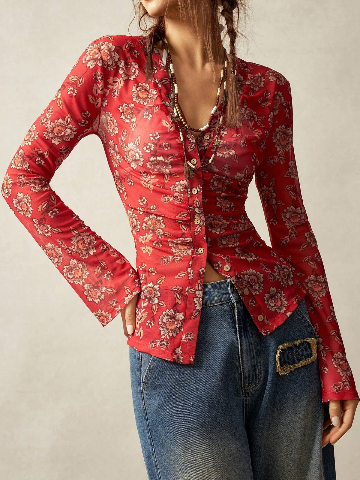 Top de Punto Floral Boho con Encaje