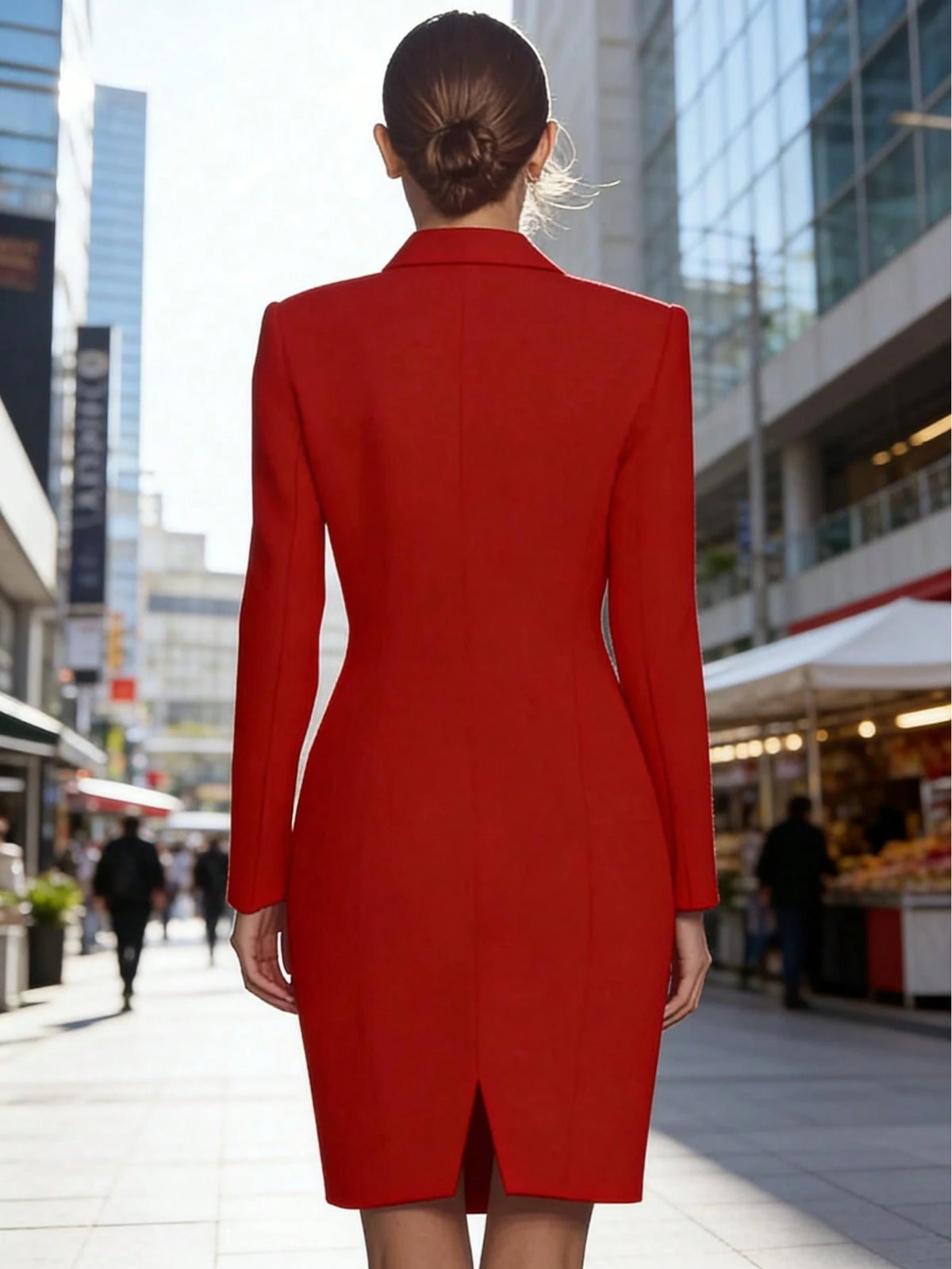 Vestido Midi Rojo con Cuello Solapa y Botones