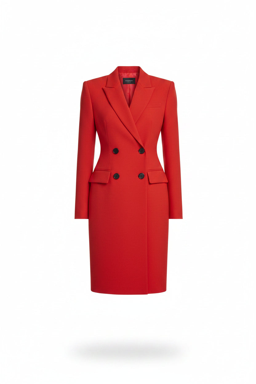 Vestido Midi Rojo con Cuello Solapa y Botones