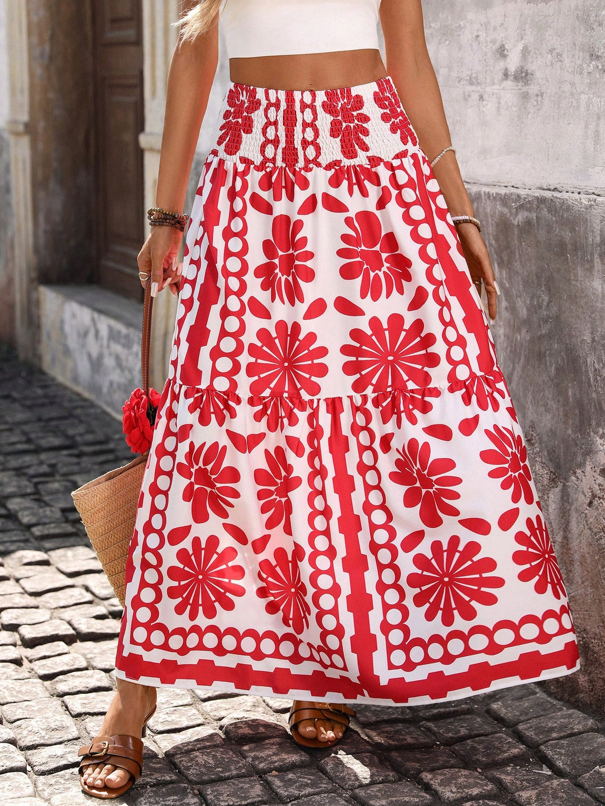 Falda Floral con Cintura Fruncida