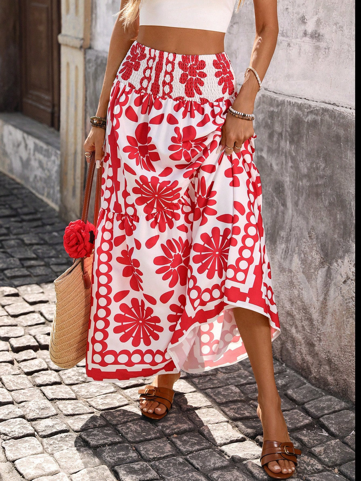 Falda Floral con Cintura Fruncida