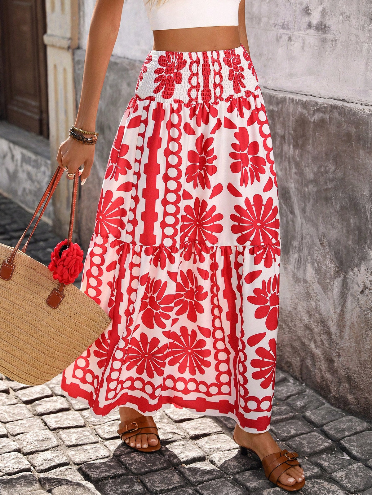 Falda Floral con Cintura Fruncida