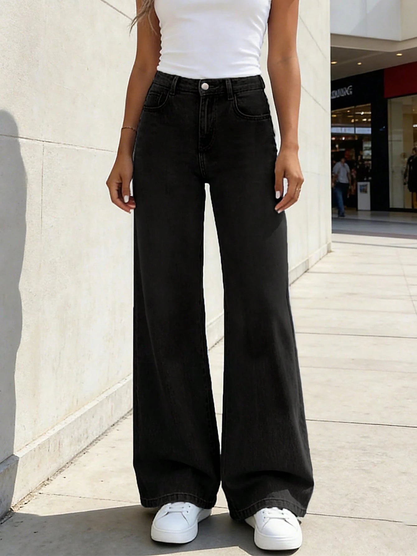 Jeans Rectos de Cintura Alta – Negro