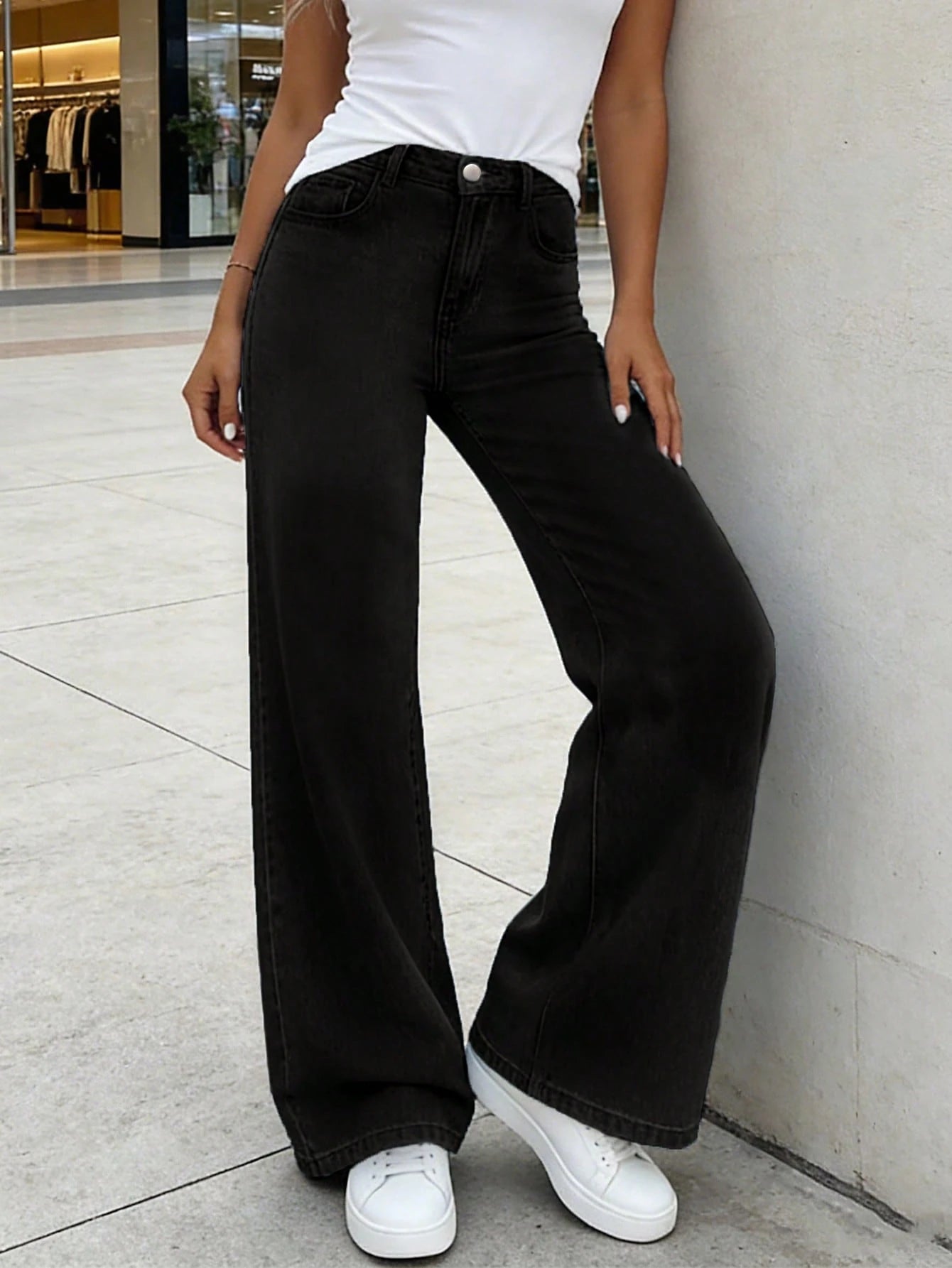 Jeans Rectos de Cintura Alta – Negro