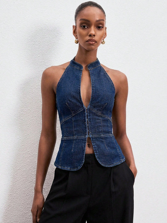 Blusa de Mezclilla Ajustada con Escote Halter