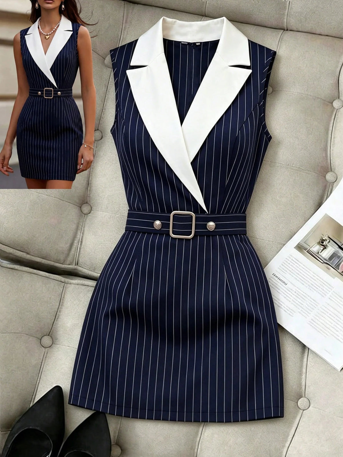 Vestido Midi de Rayas Azul Marino y Blanco