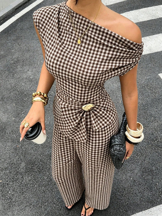 Conjunto de Top con Volantes y Pantalón de Pierna Ancha a Cuadros