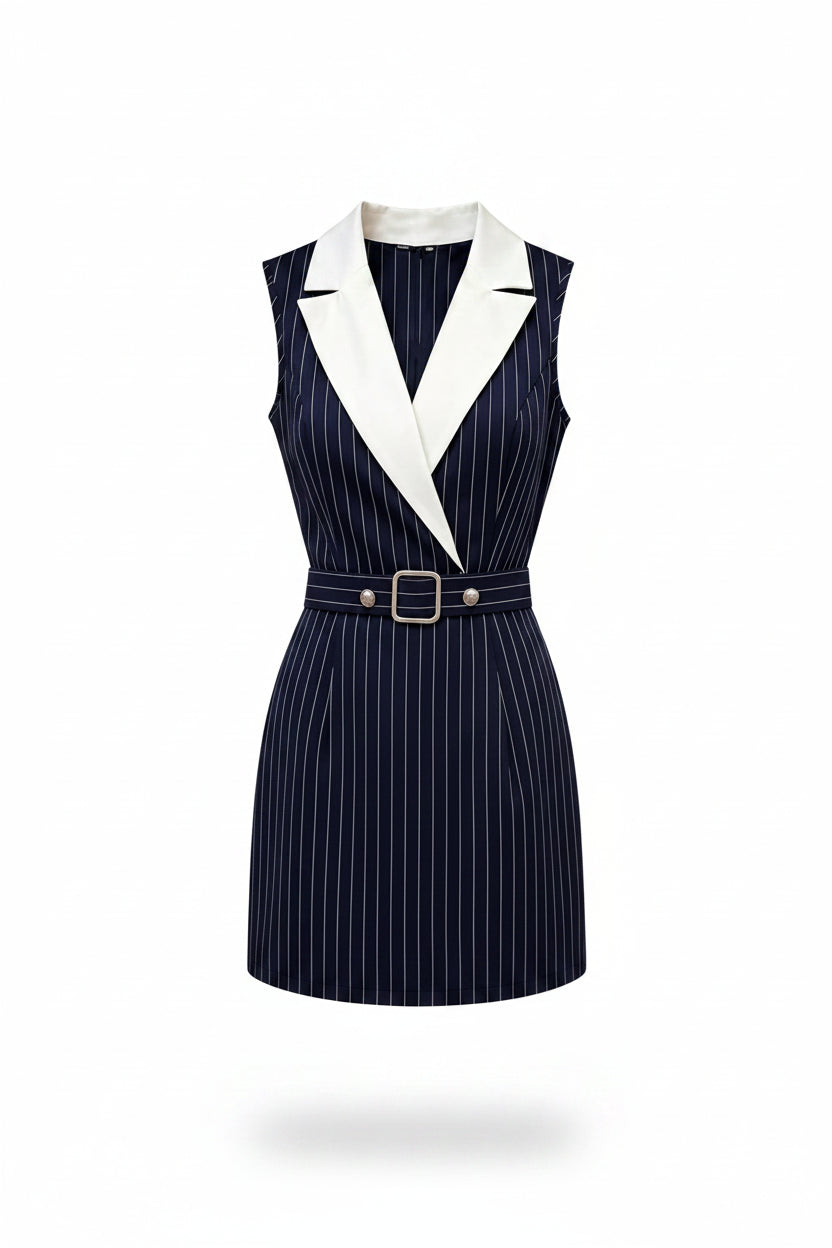 Vestido Midi de Rayas Azul Marino y Blanco