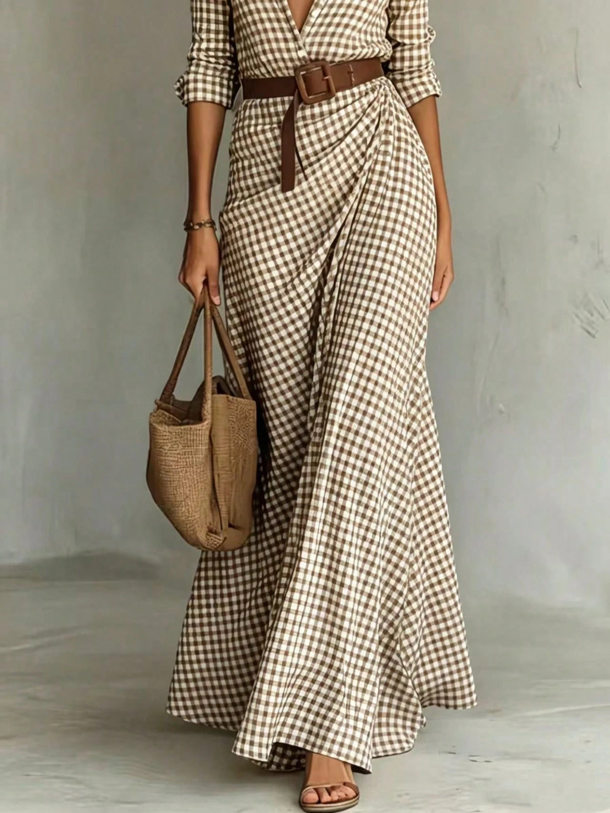 Vestido Midi a Cuadros Marrón