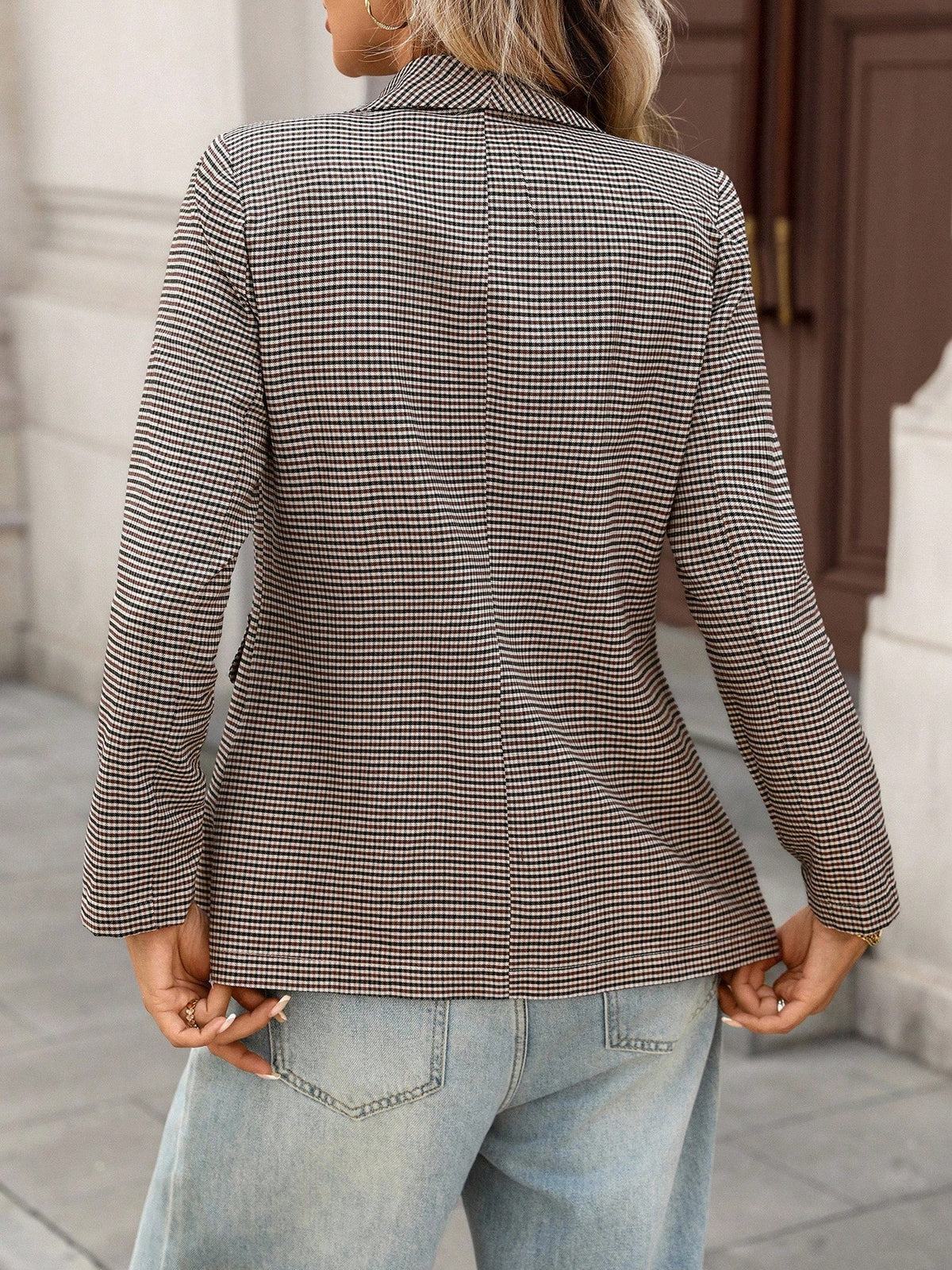 Blazer a Cuadros Marrón de Manga Larga