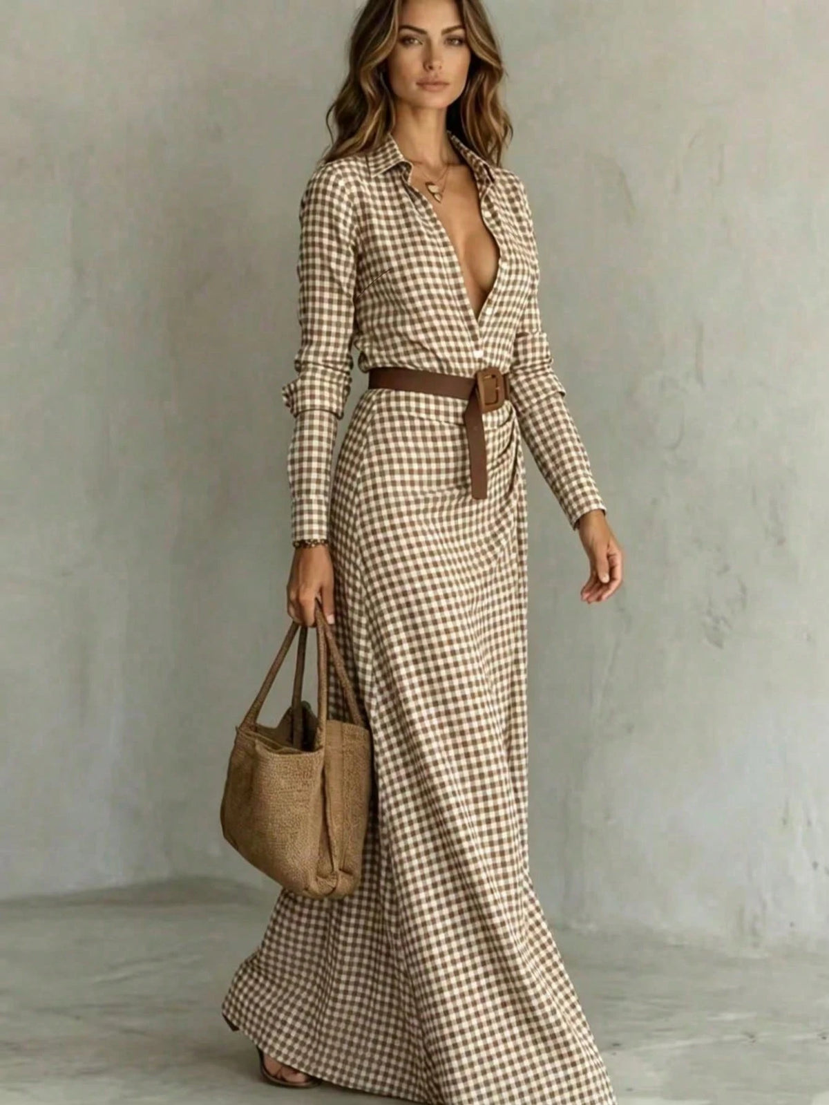 Vestido Midi a Cuadros Marrón