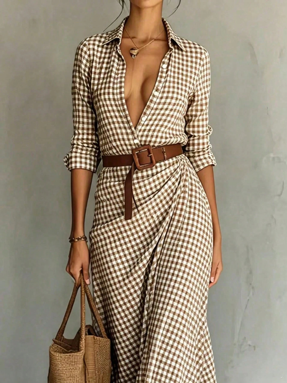 Vestido Midi a Cuadros Marrón