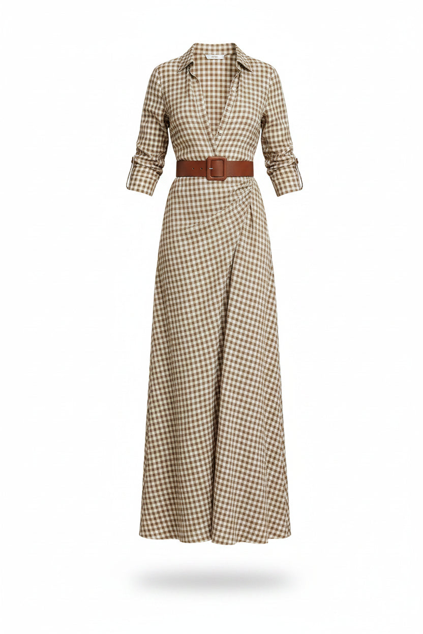 Vestido Midi a Cuadros Marrón