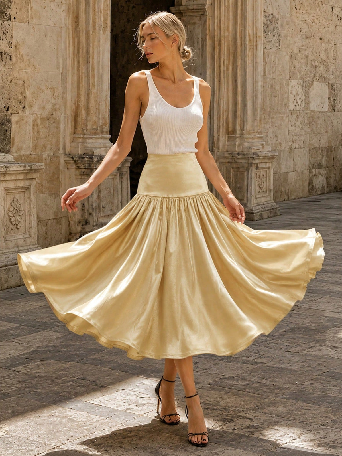 Falda Midi de Satén Amarillo