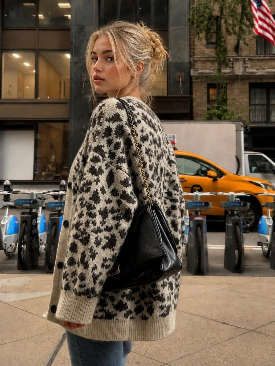 Chaqueta de Punto con Estampado de Leopardo y Cuello en V