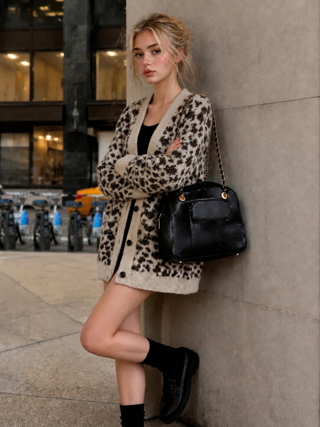 Chaqueta de Punto con Estampado de Leopardo y Cuello en V