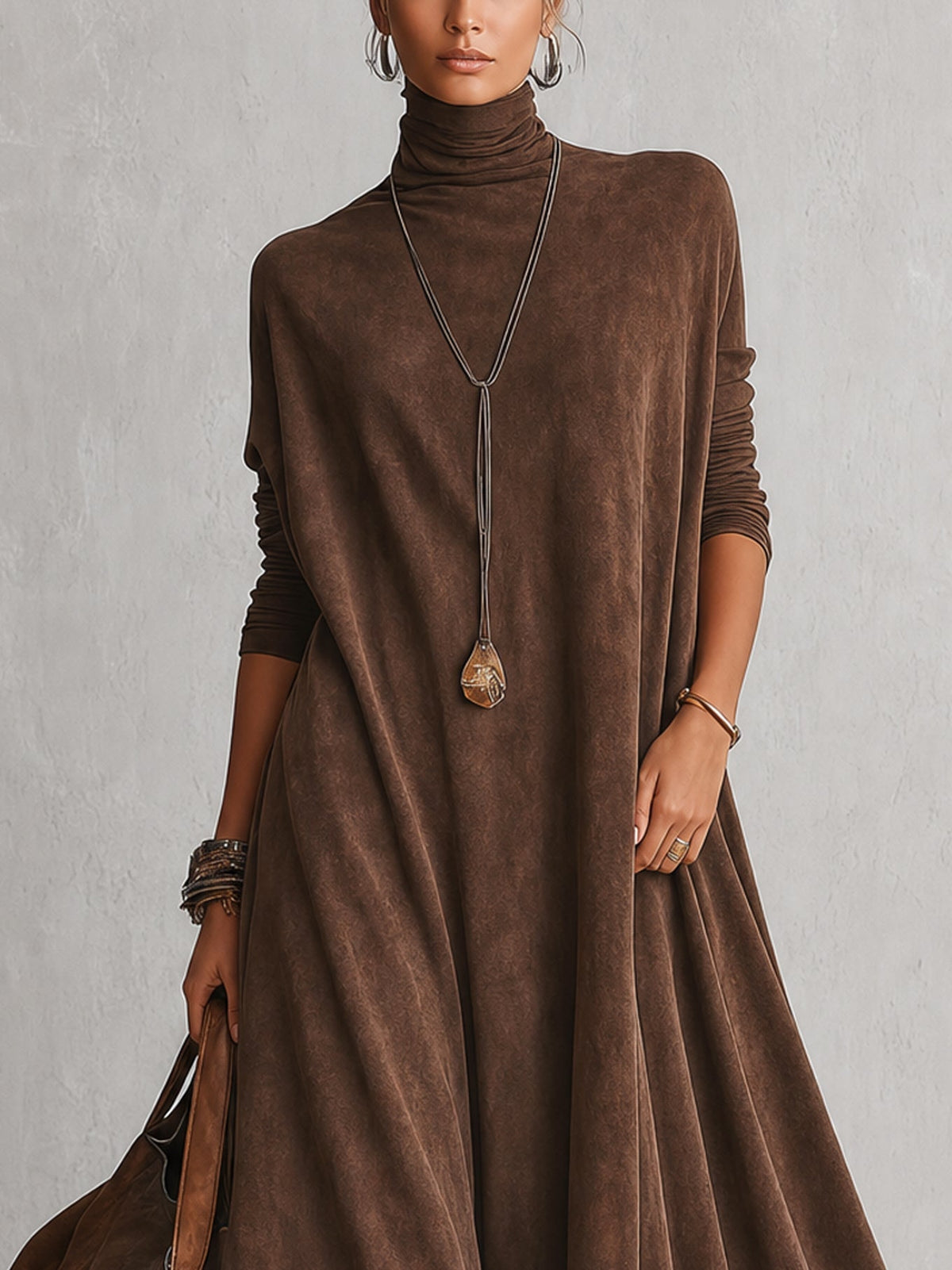 BRUNA | Vestido Largo Efecto Ante con Bajo de Encaje