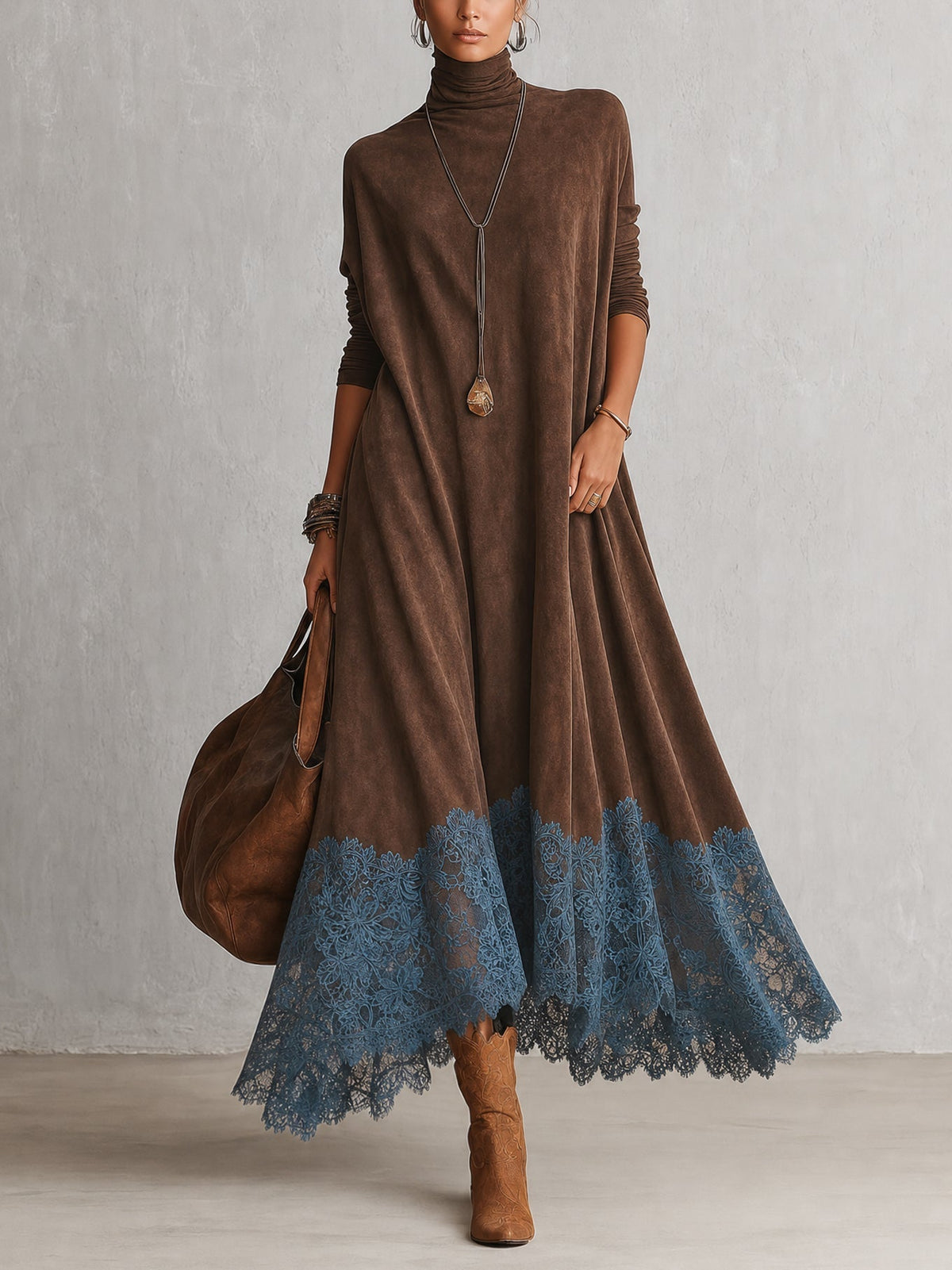 BRUNA | Vestido Largo Efecto Ante con Bajo de Encaje