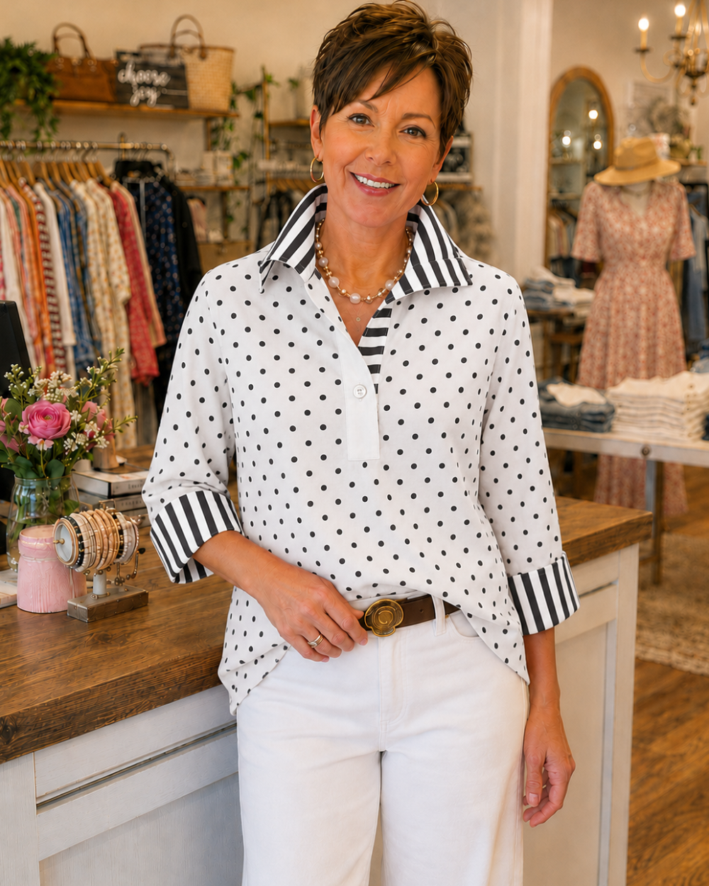 Pepa | Blusa de Lunares con Cuello y Puños de Rayas