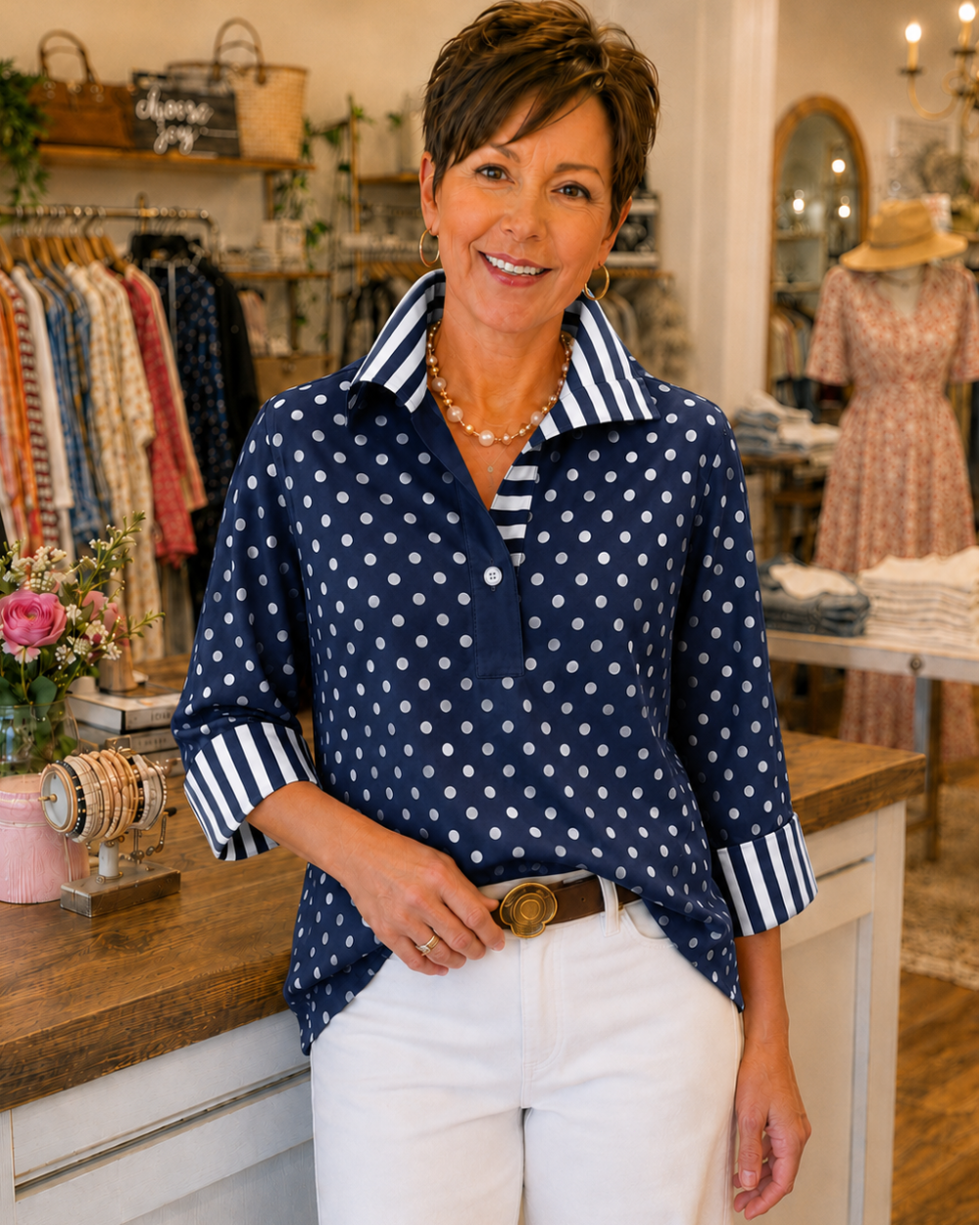 Pepa | Blusa de Lunares con Cuello y Puños de Rayas