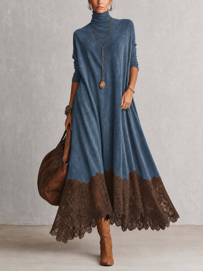 BRUNA | Vestido Largo Efecto Ante con Bajo de Encaje