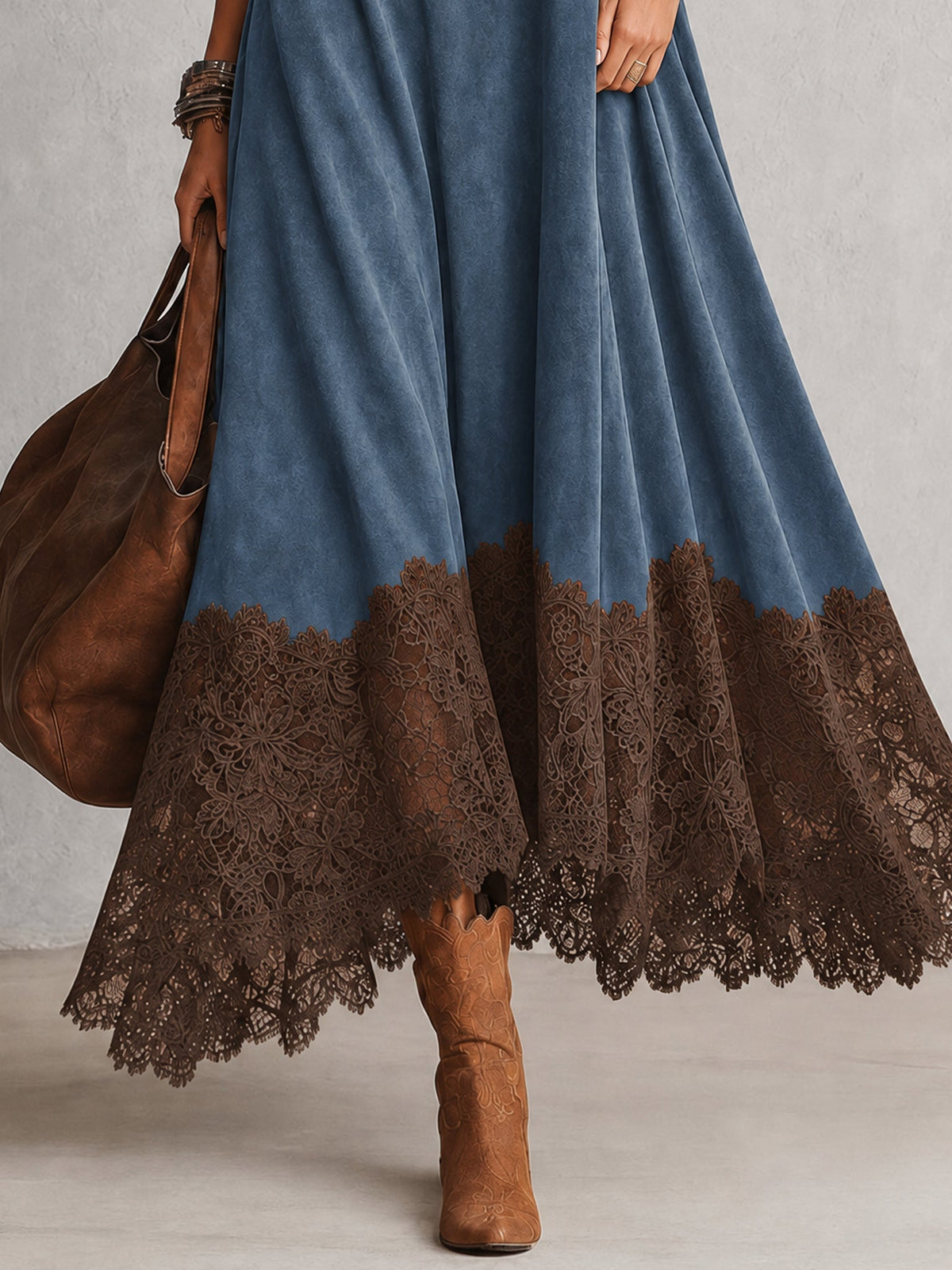 BRUNA | Vestido Largo Efecto Ante con Bajo de Encaje