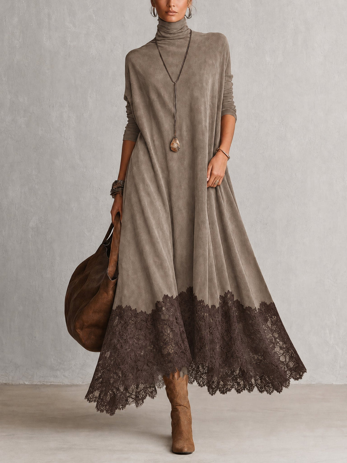 BRUNA | Vestido Largo Efecto Ante con Bajo de Encaje