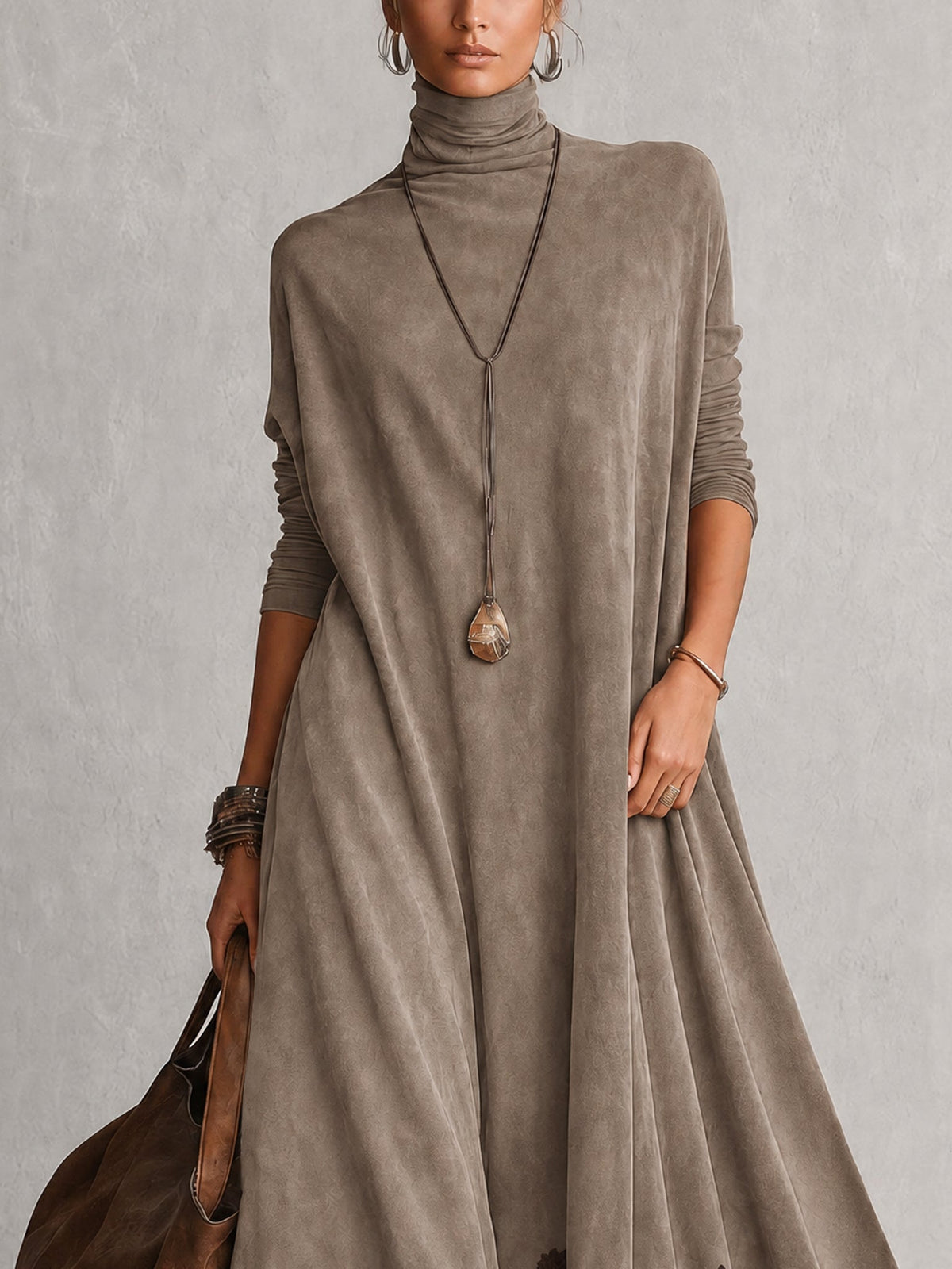 BRUNA | Vestido Largo Efecto Ante con Bajo de Encaje