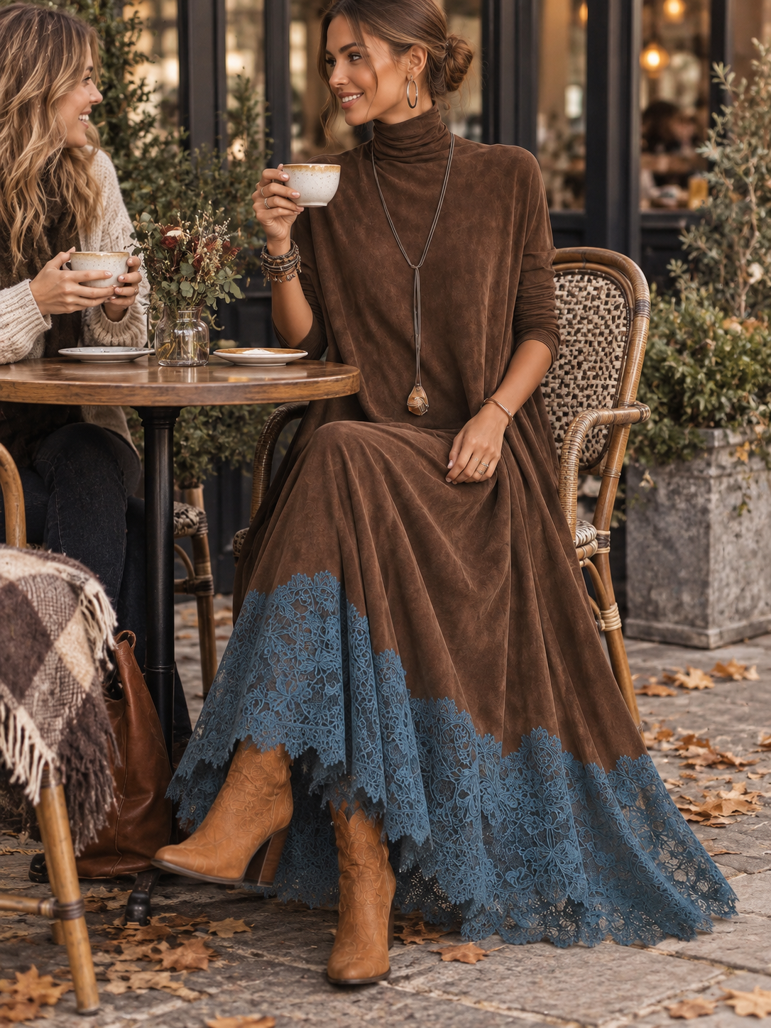 BRUNA | Vestido Largo Efecto Ante con Bajo de Encaje