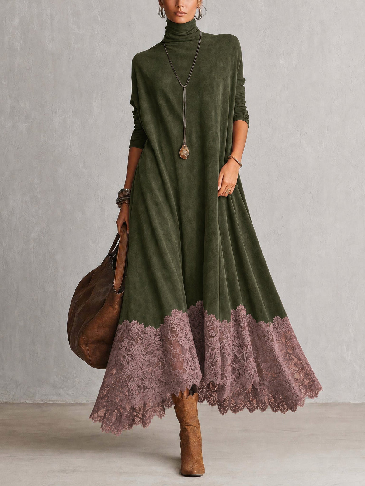 BRUNA | Vestido Largo Efecto Ante con Bajo de Encaje