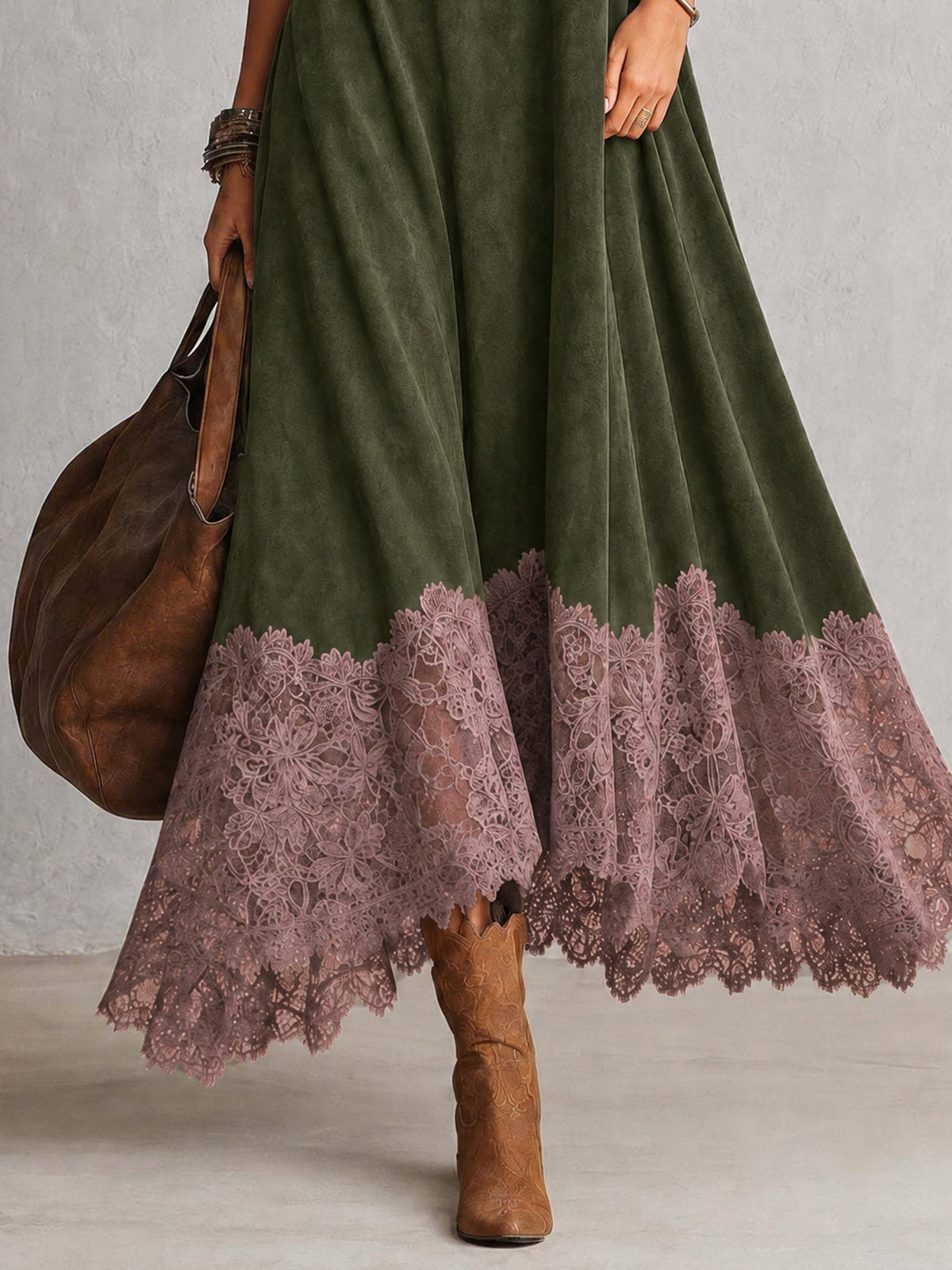 BRUNA | Vestido Largo Efecto Ante con Bajo de Encaje