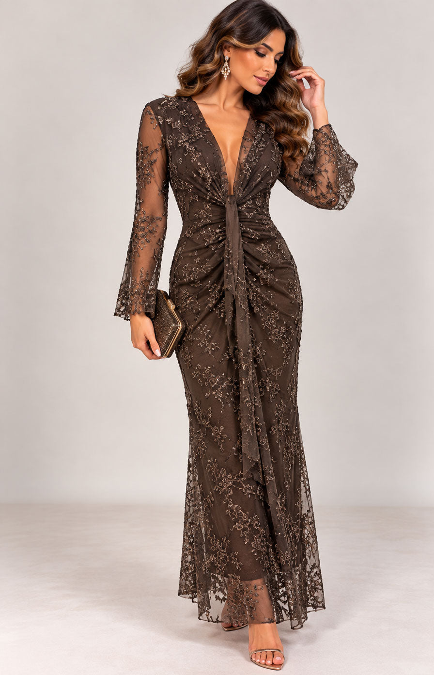 Vestido largo elegante de encaje bordado para ceremonia con drapeado en 3 colores