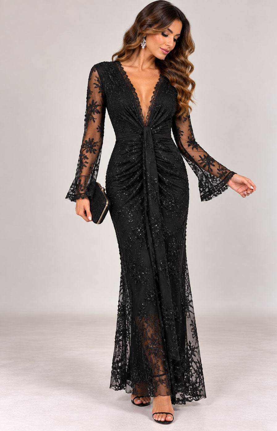 Vestido largo elegante de encaje bordado para ceremonia con drapeado en 3 colores