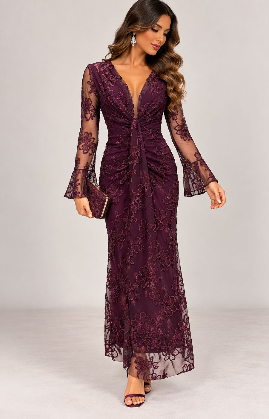 Vestido largo elegante de encaje bordado para ceremonia con drapeado en 3 colores