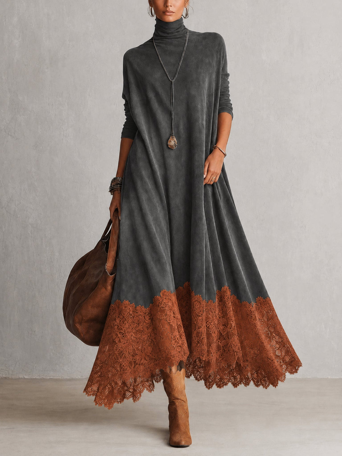 BRUNA | Vestido Largo Efecto Ante con Bajo de Encaje